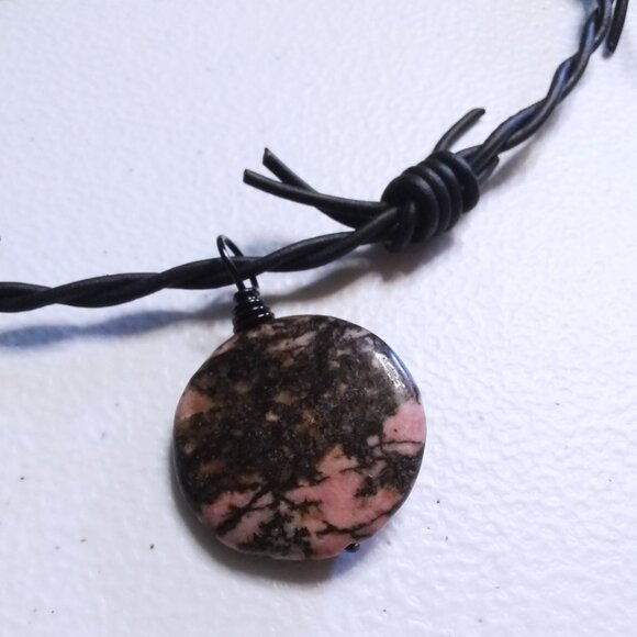 Edgy & Risque`~ Rhodonite Coin on Barbwire Leather Cordage - OOAK Choker 16" - Picture 6 of 9